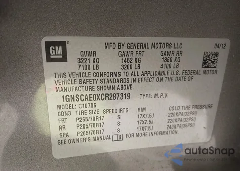 2012 Chevrolet Tahoe Ls z USA, uszkodzony, nr VIN 1GNSCAE0XCR287319